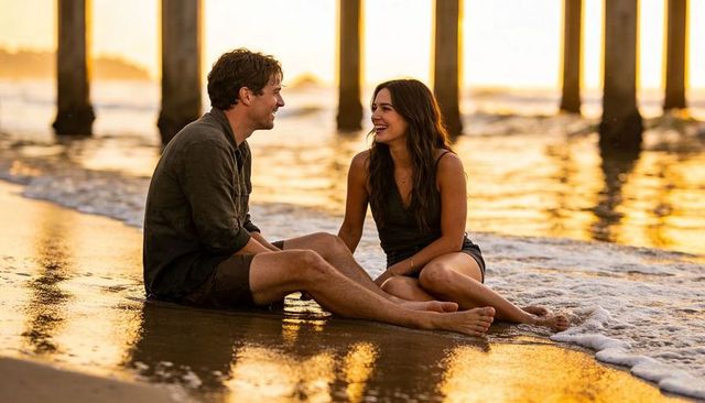 Couple sitting on wet sand under pier chatting and laughing at golden hour sunset