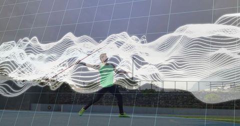 Athlete holding javelin with dynamic digital wave overlay