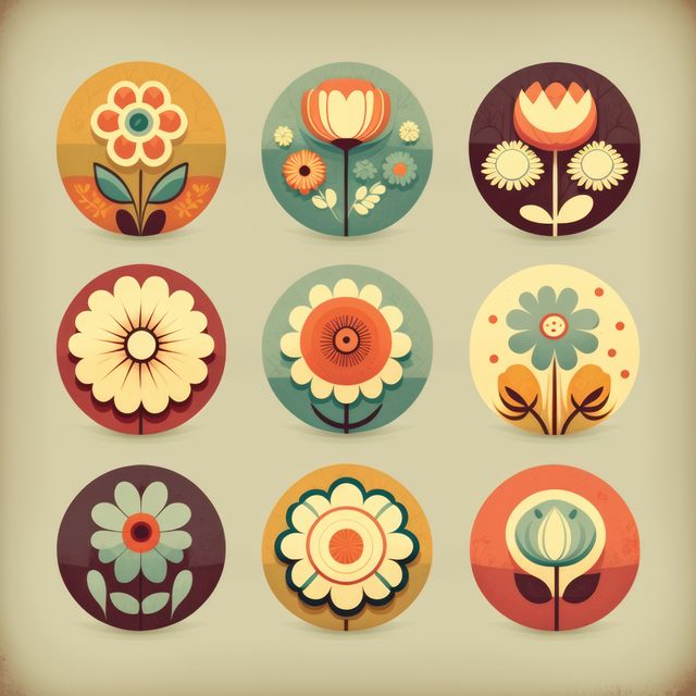 Multiple diverse flowers in circles on green background, created using generative ai technology. Retro, nature and flower concept.