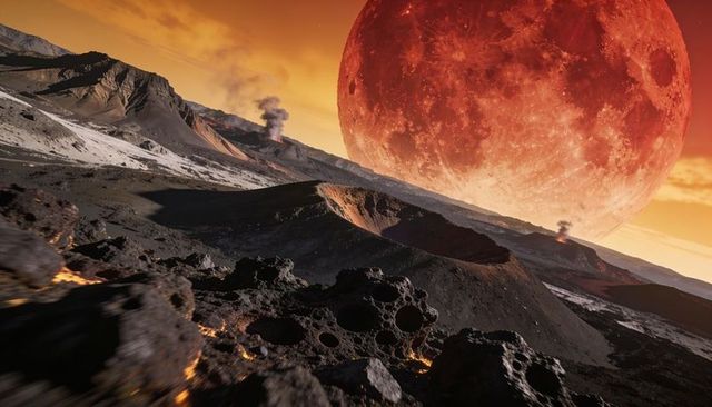 Alien volcanic landscape showing glowing cratered rocks, lava fissures and red moon
