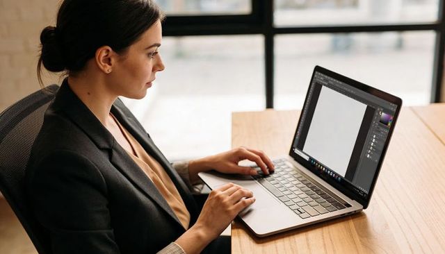 Focused businesswoman typing on laptop at modern desk by window, digital design workflow