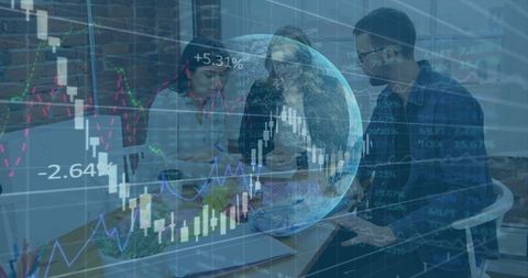 Team Collaborating with Global Financial Data Overlay on Screen