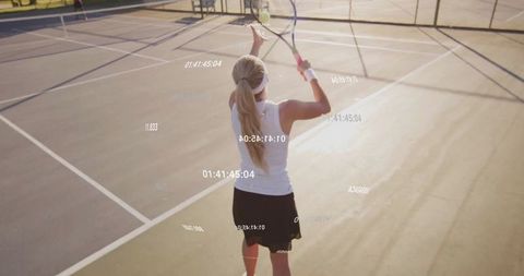 Female Tennis Player Posed for Serve on Sunlit Court with Timestamps