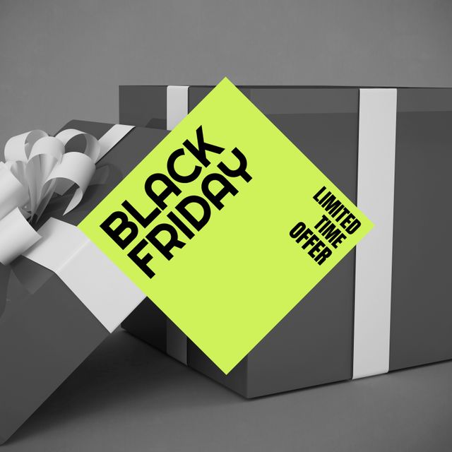 Promotional image displaying a Black Friday sale sign attached to a gift box with a ribbon. Useful for advertising Black Friday deals, limited time offers, holiday shopping promotions, and discount events.
