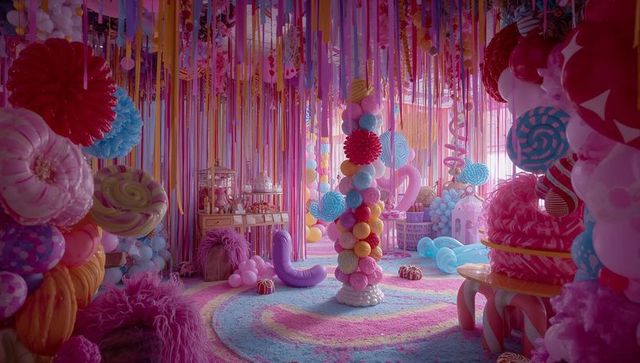 Dreamlike candy wonderland interior featuring pastel balloon columns, hanging ribbons