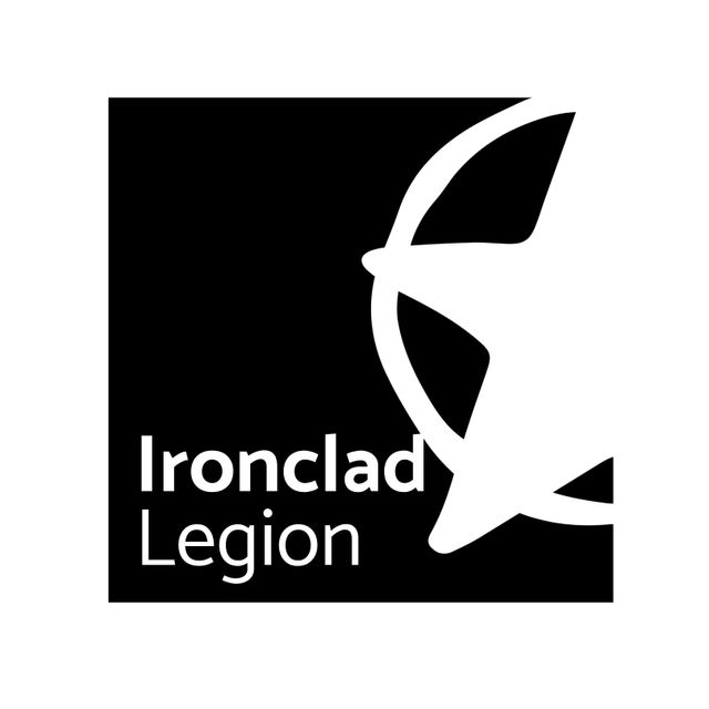 This logo features 'Ironclad Legion' text in white with a half-star in a ring, set against a black rectangle on a white background. Ideal for branding, promotional materials, marketing campaigns, and representing organizational identity. Suitable for use in web design, business cards, and advertising materials.