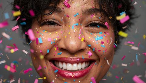 Bright Confetti Smile Closeup: Joyful Young Woman Wearing Glossy Lipstick and Glitter Makeup