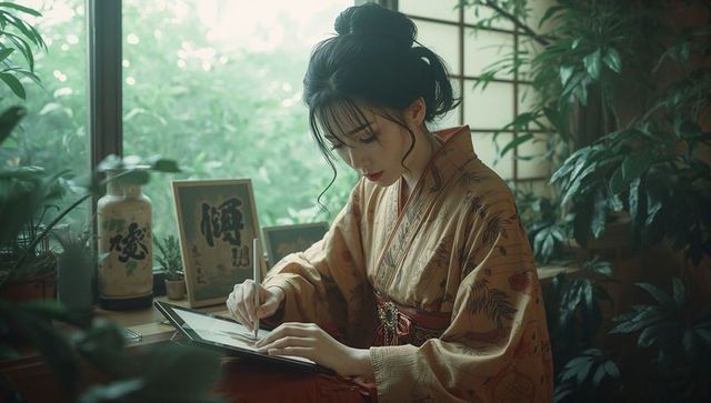 Asian Woman in Kimono Using Tablet in Japanese Studio