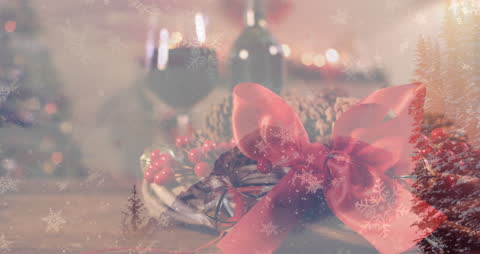 Festive Christmas Ornaments with Red Ribbon and Bokeh Lights