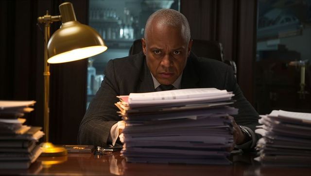 Executive leaning forward reviewing stacks of documents under brass desk lamp