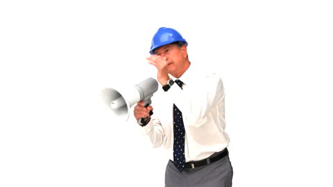 Architect Giving Instructions with Megaphone in Studio Setting
