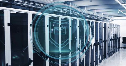 Securing data center with holographic shield overlaying glass-fronted server racks