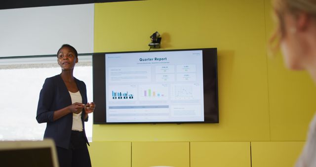 African american businesswoman talking and doing business presentation. independent creative business at a modern office.