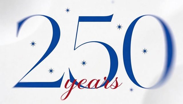 Celebrating 250 years elegant blue numerals and red script with starburst accents