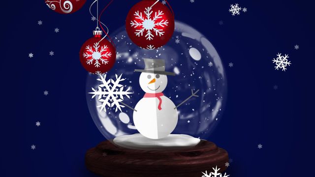 This whimsical and festive digital artwork features a smiling snowman in a snow globe, surrounded by red Christmas baubles and gently falling snowflakes. The cheerful composition evokes the joy of the holiday season. Perfect for use in holiday greeting cards, festive social media posts, and Christmas-themed marketing campaigns.