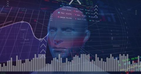 Holographic ai head merging with market charts and analytics dashboard for fintech insights