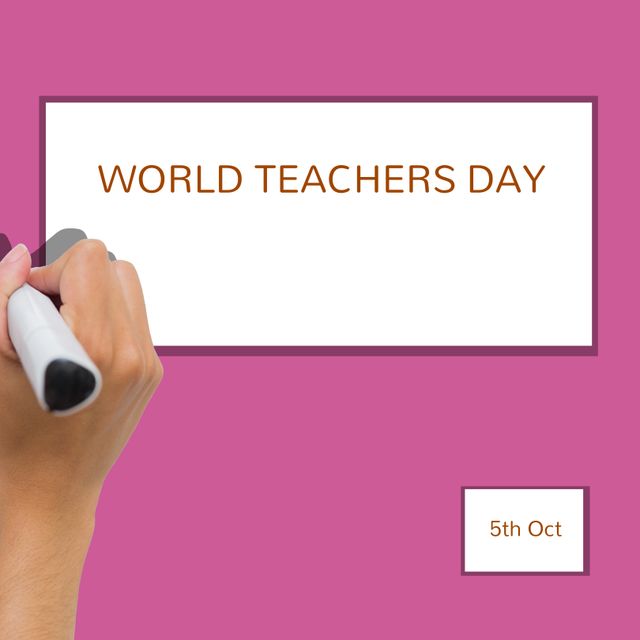 Composition of world teachers day text with hand holding pen on pink background. World teachers day and celebration concept digitally generated image.