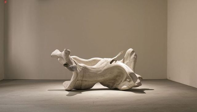 Minimalist driftwood sculpture under gallery spotlight, organic abstract wooden form