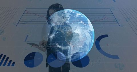 Caucasian businesswoman performing data analysis with tablet, set against Earth and various graphs. Represents global finance and complex data interpretation using advanced technology. Useful for illustrating themes of financial growth, international markets, or data-driven decision making.
