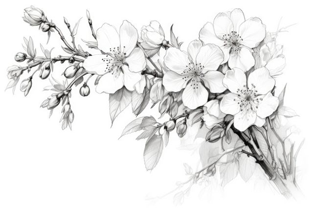 Hand-drawn illustration depicting delicate cherry blossoms in full bloom on a flowering branch. Detailed sketch emphasizes the natural beauty of the flowers and buds, surrounded by intricately drawn leaves. Perfect for use in design projects, greeting cards, art prints, botanical studies, and nature-themed decor.