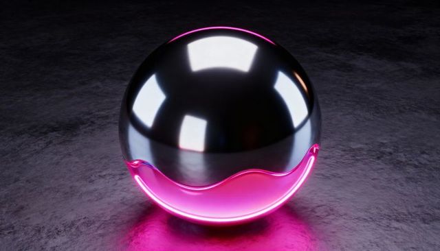 Reflective Chrome Orb with Pink Neon Wave Glow on Dark Textured Floor