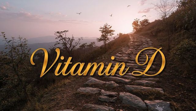Golden cursive vitamin d lettering over sunrise mountain trail stone path with glowing warm tones