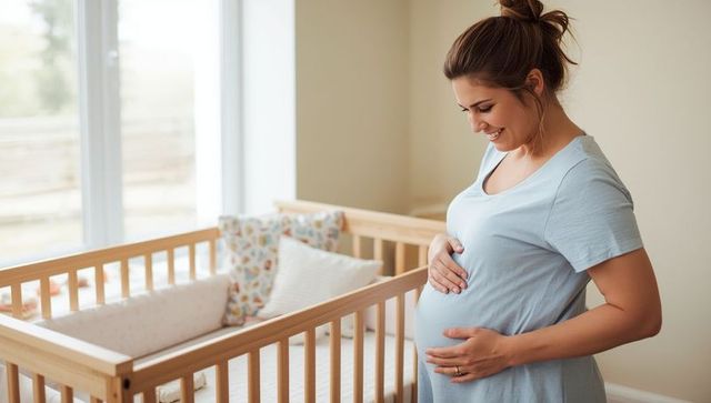 Expecting mother smiling in sunlit nursery with wooden crib