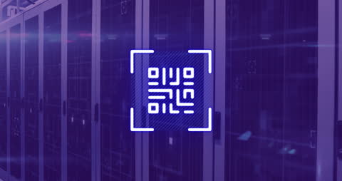 Neon QR Code Over a Futuristic Server Room