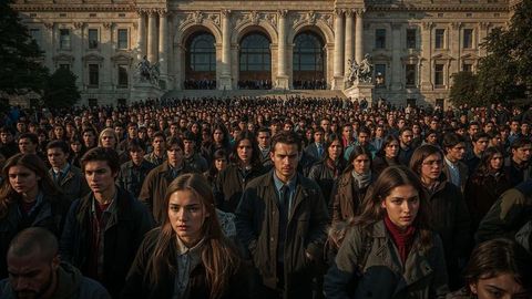 Breaking news: large crowd gathering at grand neoclassical building