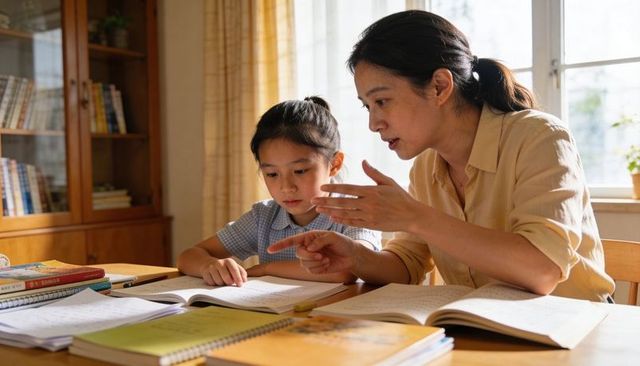 Mother tutoring daughter at home desk pointing to workbook during focused daytime study