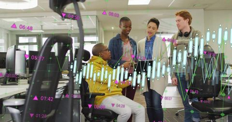 Diverse Team Collaboration with Data Graph in Modern Office