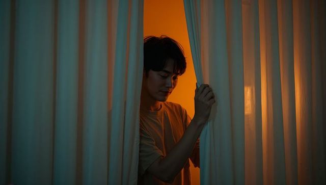 Asian man peeking through curtains at warm backlight in moody bedroom soft teal-and-orange lighting