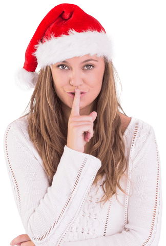 Festive Blonde Woman in Santa Hat Hinting a Holiday Secret, Transparent Background