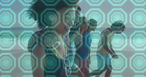 Playful Friends Strolling on Seaside with Geometric Overlay