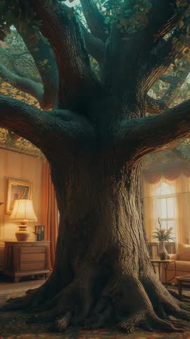 Massive tree trunk piercing living room carpet creating surreal fantasy interior scene