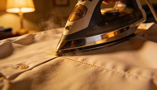 Steam iron pressing shirt seam on ironing board with warm lamp glow closeup