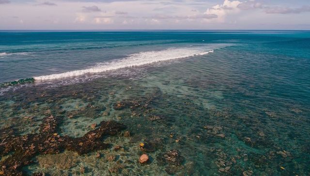 Aerial revealing shallow coral reef with diagonal breaking wave over turquoise seafloor
