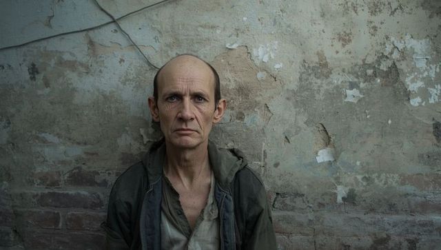 Man leaning against weathered wall in urban decay setting