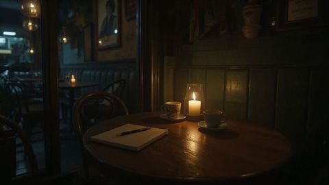 Cozy Vintage Coffee Shop Scene with Lit Candle and Notebook