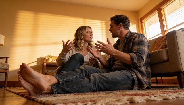 Couple arguing on living room rug with warm blinds light, barefoot and gesturing
