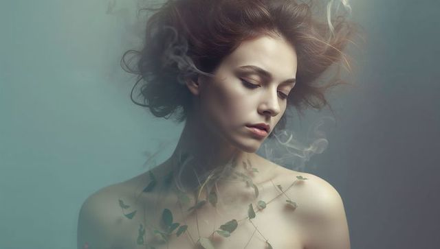 Ethereal young woman gazing downward with trailing vines and drifting smoke