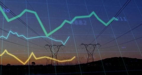 Power grid data visualization over rural transmission towers at dusk for energy analytics