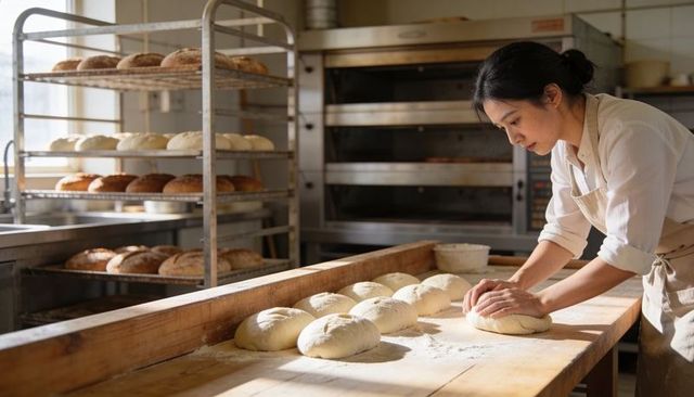 Female artisan baker shaping sourdough loaves on floured wooden bench in bakery kitchen