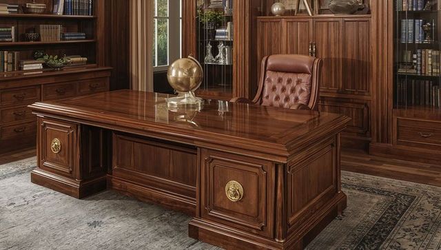 Elegant Home Office with Ornate Wooden Desk and Leather Chair
