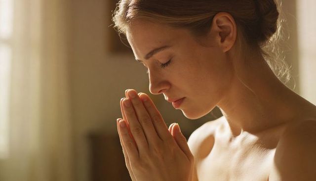 Young woman praying with hands together in warm soft morning light, serene meditation