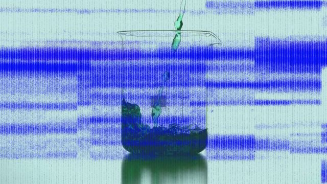 Green liquid pouring into beaker with digital glitch interference. Perfect for illustrating modern scientific experiments, technology and digital disruptions or futuristic lab environments