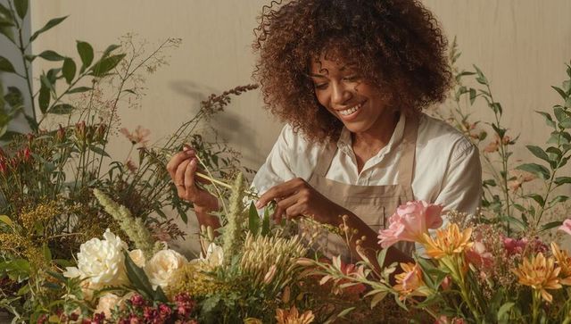 Florist arranging lush mixed flower bouquet in neutral studio, smiling and wearing beige apron