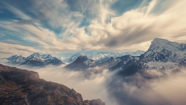 Epic Alpine Mountain Range with Snowy Peaks Above Misty Valley