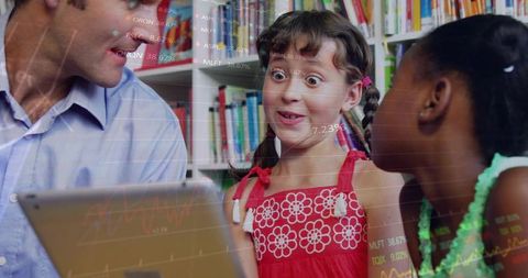 Teacher guiding excited students in library using tablet with dynamic data chart overlay