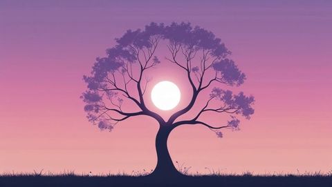 Solitary dreaming tree silhouette framing sunrise circle in tranquil gradient sky